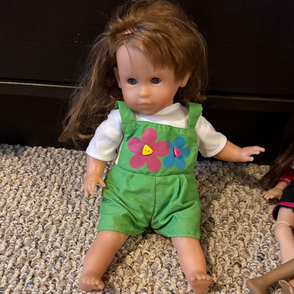 Corolle  Doll in Green Overalls with Floral Design